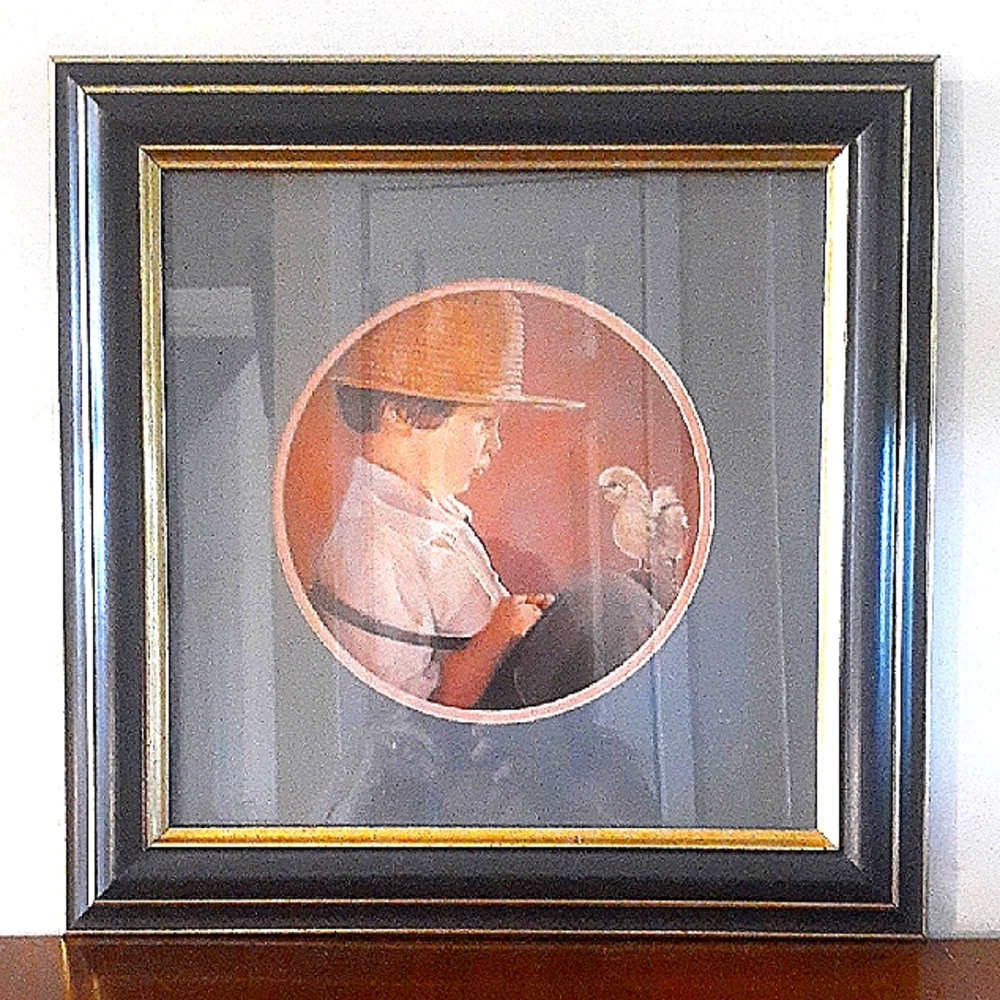 The boy James With A Chick On His Knee Print By Nancy Noel Artist Framed